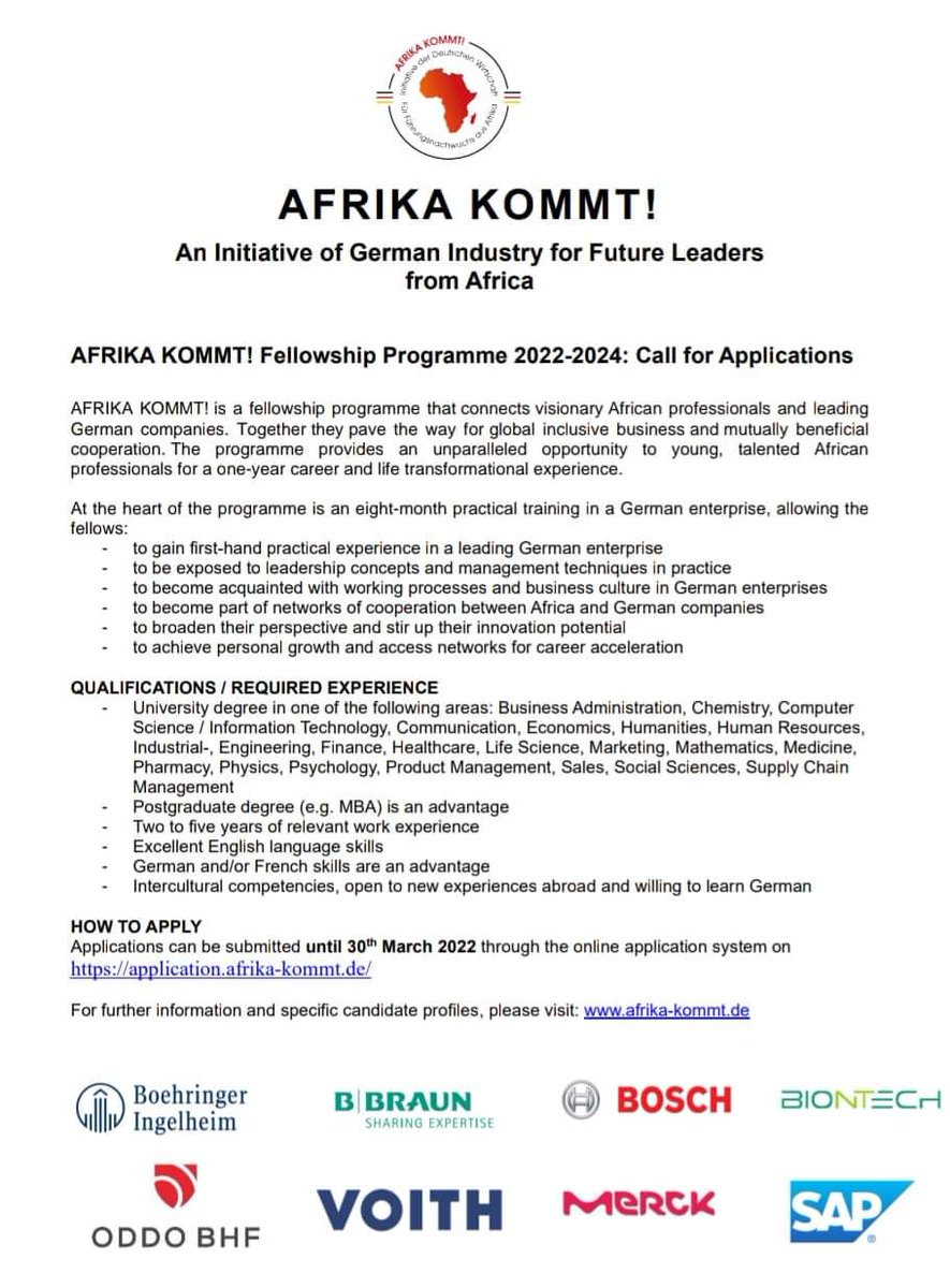 Are you a young African? Looking for new professional horizons &amp; experiences? Would you like to gain first-hand experience with a #German company?

If yes, apply for the 12th intake of #AFRIKAKOMMT! offers 46 fully-funded fellowships.

Link bit.ly/41aAyvD