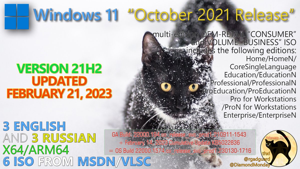 WZorNET's tweet photo. 😻📢Windows 11 Version #21H2 (#UpdatedFebruary2023)👉https://t.co/ERudbVpijc
📋OS Build /22000.1574.co_release_svc_prod1.230130-1716 with #KB5022836/>https://t.co/OsruisNYnf
📁2-ENGLISH|2-RUSSIAN, X64, CLIENT #CONSUMER/#BUSINESS from #MSDN 4-ISO👨💻👉https://t.co/tUvjrLTxi4
👁️WZT🪄 https://t.co/d9rWv1QoHb