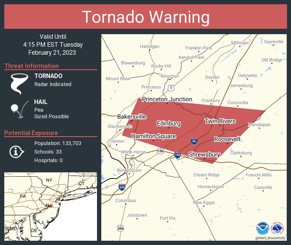 NWS_MountHolly's tweet photo. Tornado Warning including Hamilton Square NJ, Twin Rivers NJ and  Hightstown NJ until 4:15 PM EST https://t.co/BjQg1UYXzs