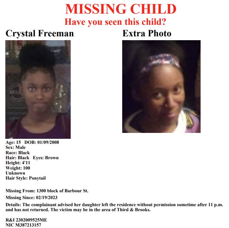 Have you seen Crystal Freeman?
Report# 2302009525ME