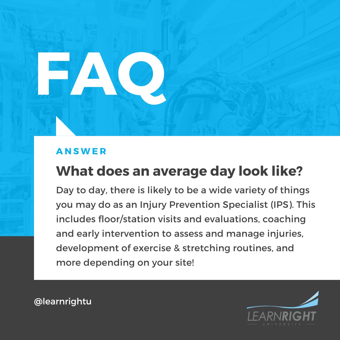 learnrightu's tweet photo. Generally, your day to day is what you make of it! Your day is filled with efforts to help your workforce feel their best and prevent them from pain or injury.

What's your favorite part of your work day?

#IndustrialAthleticTrainer #ATC #PhysicalTherapist #InjuryPrevention https://t.co/DFu35D5omQ