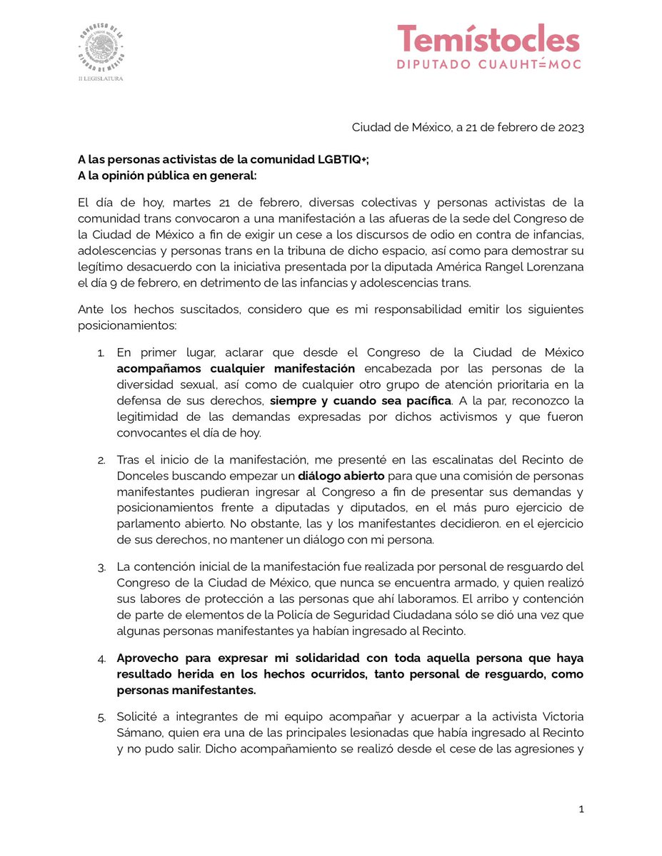 TemistoclesVR's tweet photo. COMUNICADO respecto a lo ocurrido hoy en el @Congreso_CdMex y la Comunidad Trans.🏳️‍⚧️

Reconozco la legitimidad de las demandas expresadas por dichos activismos. https://t.co/4Wf2AMmrsi