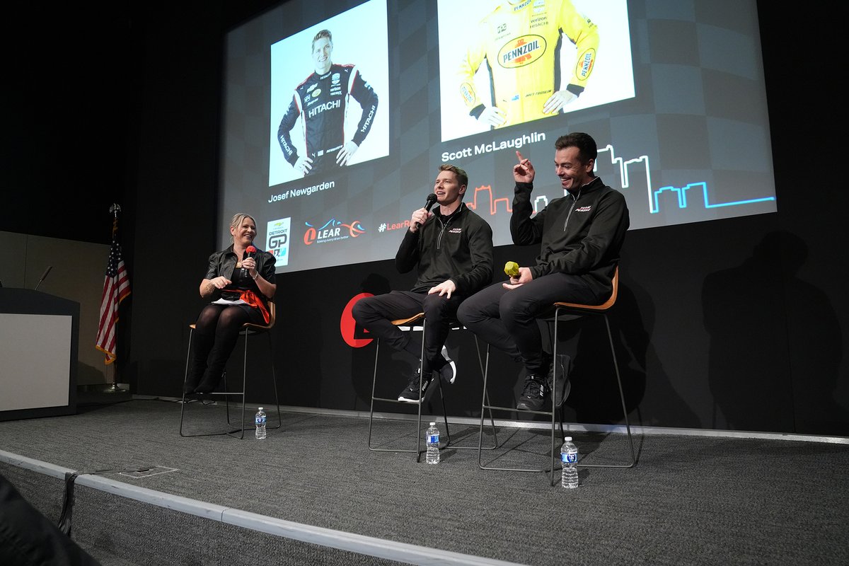 LearCorporation's tweet photo. To kick off the 100-day countdown to the 2023 @detroitgp, @IndyCar drivers @josefnewgarden and @smclaughlin93 from @Team_Penske visited our Southfield campus to discuss their racing careers and share stories with employees. #DetroitGP #LearRevsUp #BackToTheStreets https://t.co/WDzmAlZOny