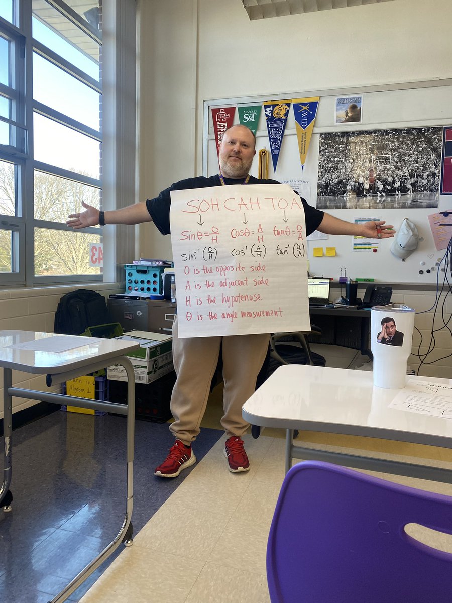 mathsmith314's tweet image. Sometimes you just have to wear the anchor chart around the room! #iteachmath #Trigonometry #sohcahtoa