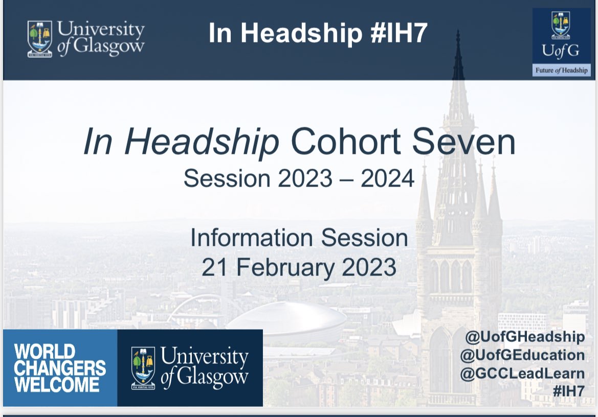 UofGHeadship's tweet photo. Thank you to all HTs who attended the In Headship information session @UofGEducation this evening. We look forward to welcoming you on the programme. Thanks also to our #IH5 graduates for sharing your experiences &amp; learning.  @allsaintsrcsec @drumchapelhigh @CleevesPS  #Headship https://t.co/aHmyGu54Bc