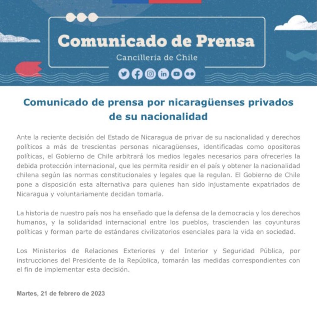 N_PrensaCL's tweet photo. 🔴 Presidente @GabrielBoric ofrece residencia y nacionalidad chilena a expatriados nicaragüenses. https://t.co/Yfw8f3LP8U