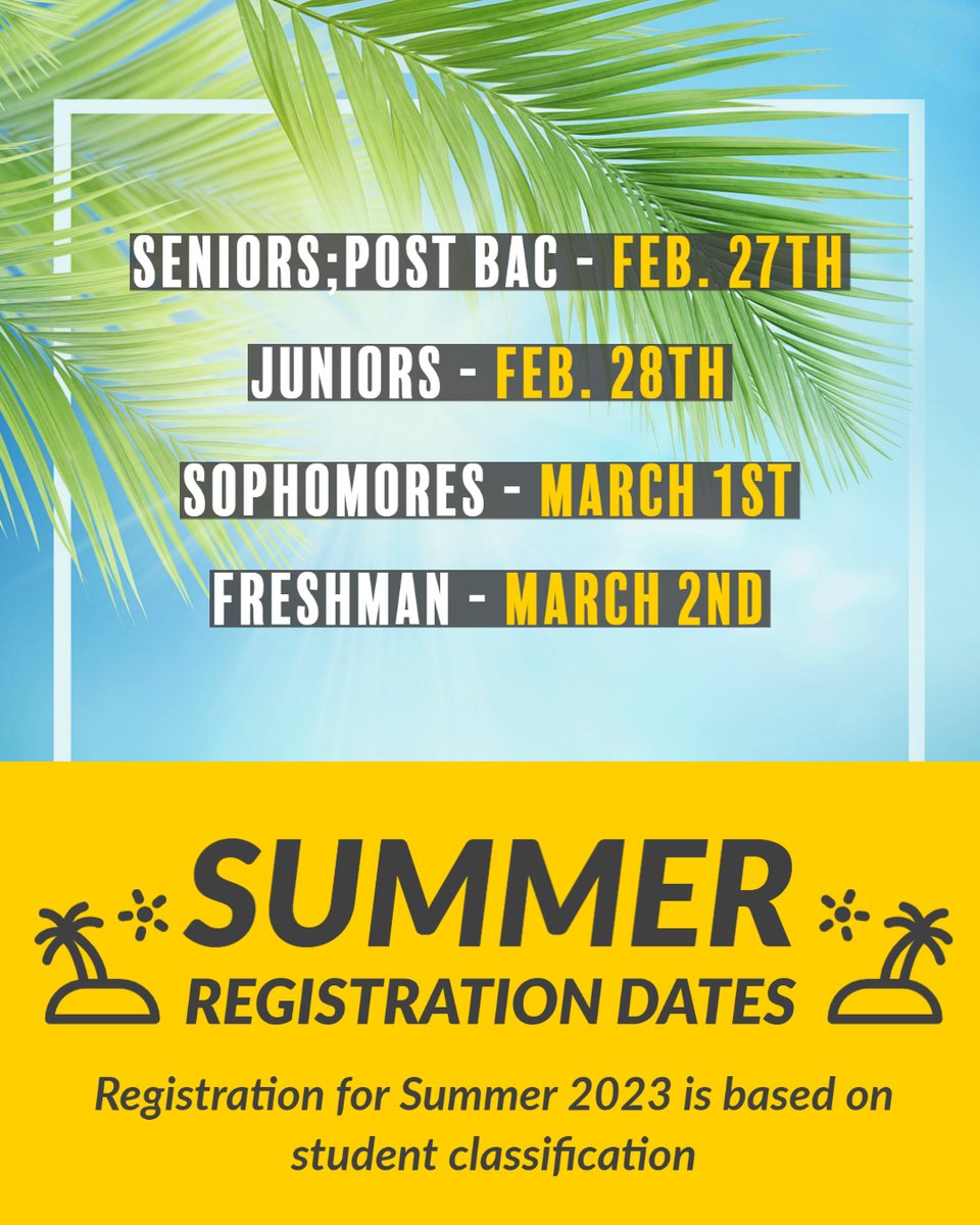 utrgv_aac's tweet photo. Registration for Summer Dates ⛱

Don't forget registration is based off of student classification. Priority students will be notified via email regarding early registration. https://t.co/MRVCINkoxS