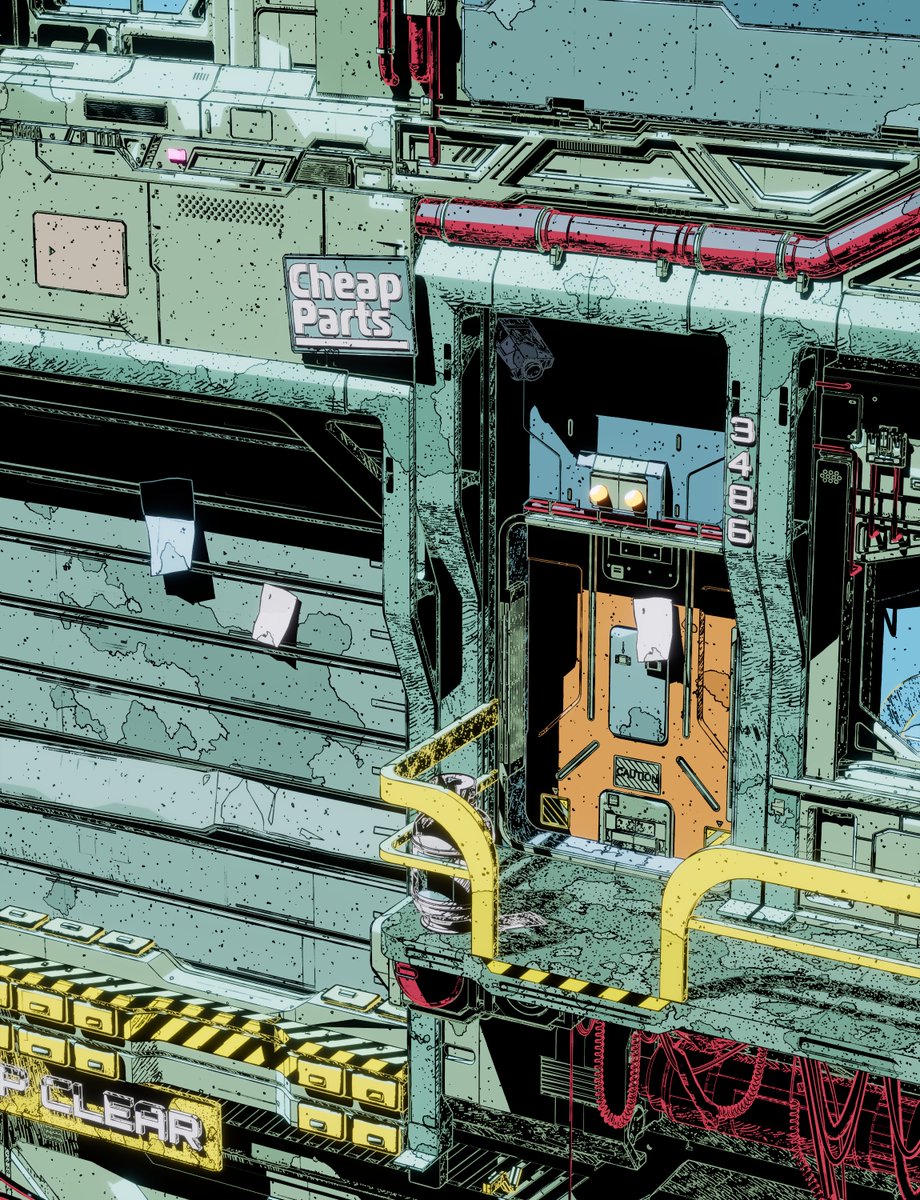 CalderMoore_'s tweet photo. So I have seen that a bunch of you guys didn't know my work was all done in 3d! Here's a comparison shot of the front door to the shop!

My final output is all completely 3D rendered using toon shaders, all i do in post is tweak colors or add in some stuff like grain/blur! https://t.co/AFxczjWwyV