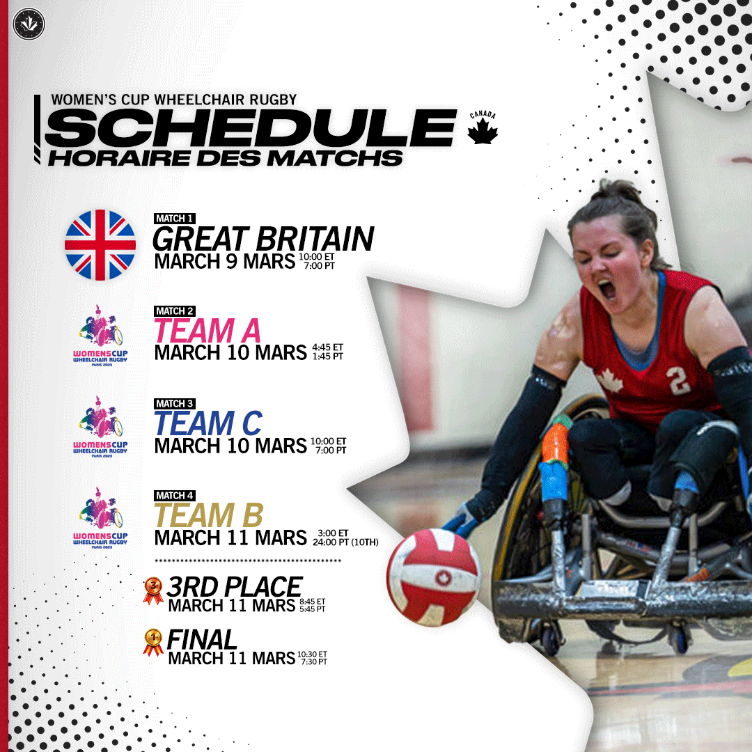 Here is your Women's Cup Schedule for Paris 🇫🇷
🍁 and 🇬🇧 debut in the tournament opener.
/
Voici le calendrier de votre coupe féminine pour Paris 🇫🇷 
🍁 et 🇬🇧 font leurs débuts en ouverture du tournoi.