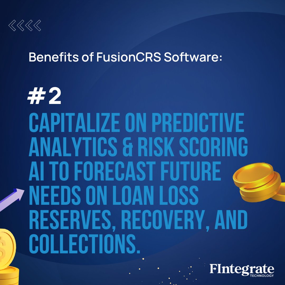 FintegrateT's tweet image. How can FusionCRS benefit YOU? 🤲

#2️⃣ - Capitalize on predictive analytics &amp;amp; risk scoring AI to forecast future needs on loan loss reserves, recovery, and collections. 🔒

Learn more here: fintegratetech.com

#collectionsmanagement #communitybanking #commnunitybank