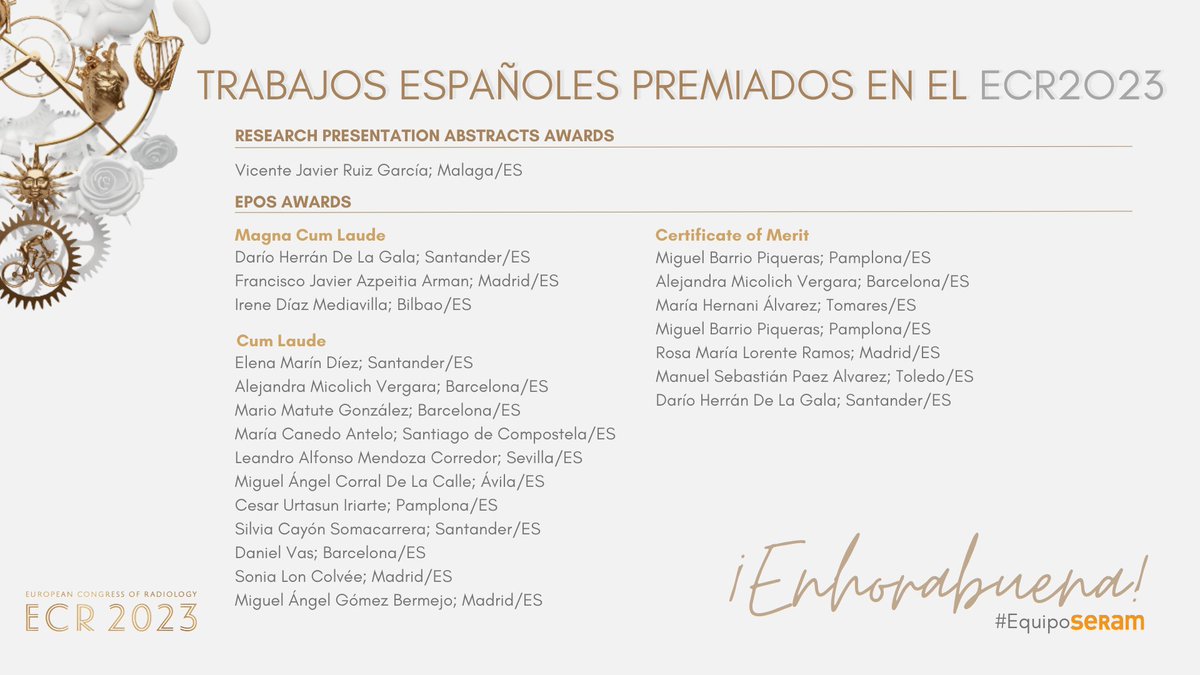 RevistaRADIOLO2's tweet photo. Desde la revista Radiología, nos sumamos a las felicitaciones a todos los radiólog@s español@s premiados en la ECR 2023. También os animamos a hacer un esfuerzo y que se conviertan estos excelentes trabajos en grandes publicaciones. Y si es en @RevistaRADIOLO2, mejor... 😀😀 https://t.co/nndTfl4Dme