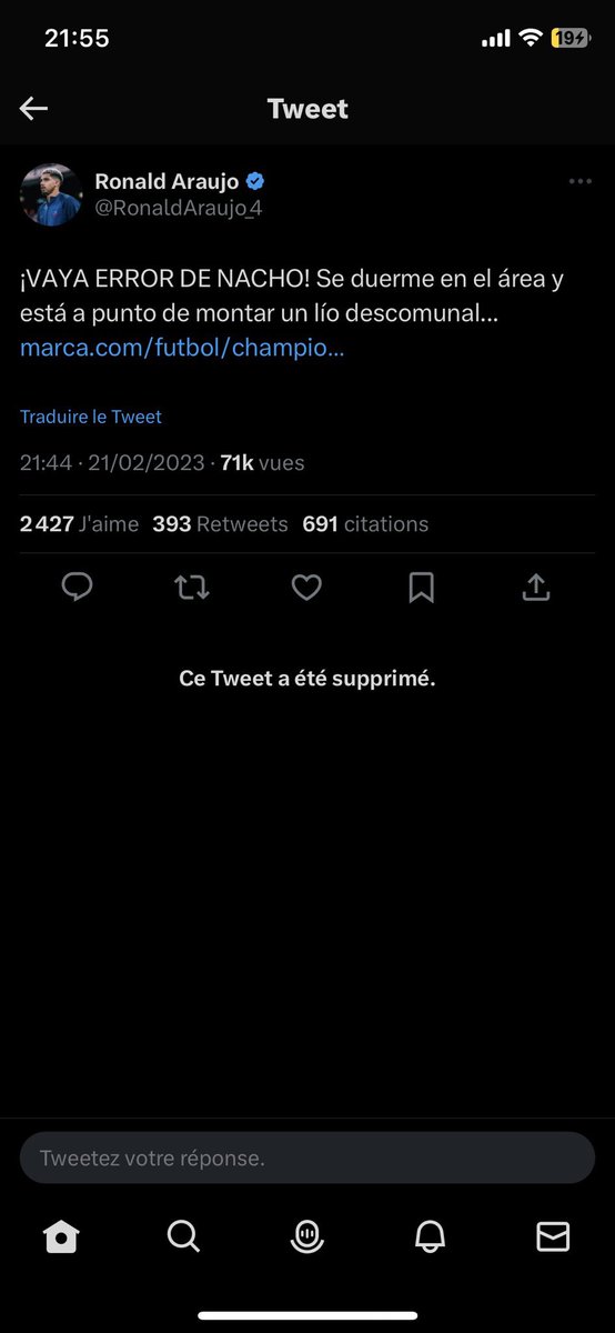 EditionMerengue's tweet image. Ronald Araujo sur Twitter : "Quelle erreur de Nacho ! Il s’endort dans la surface et a failli commettre une erreur irréparable."

Le défenseur du Barca s’est visiblement trompé de compte 😅