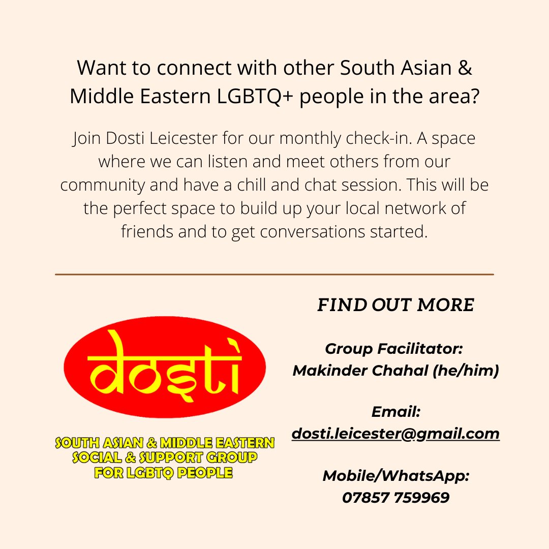 DostiLeicester's tweet photo. The next Dosti monthly check-in will be taking place this Friday 24 February 2023 from 6:00pm at the Trade office in Leicester. Find out more - https://t.co/JJOAgQeg13 https://t.co/oWOHznZBx1