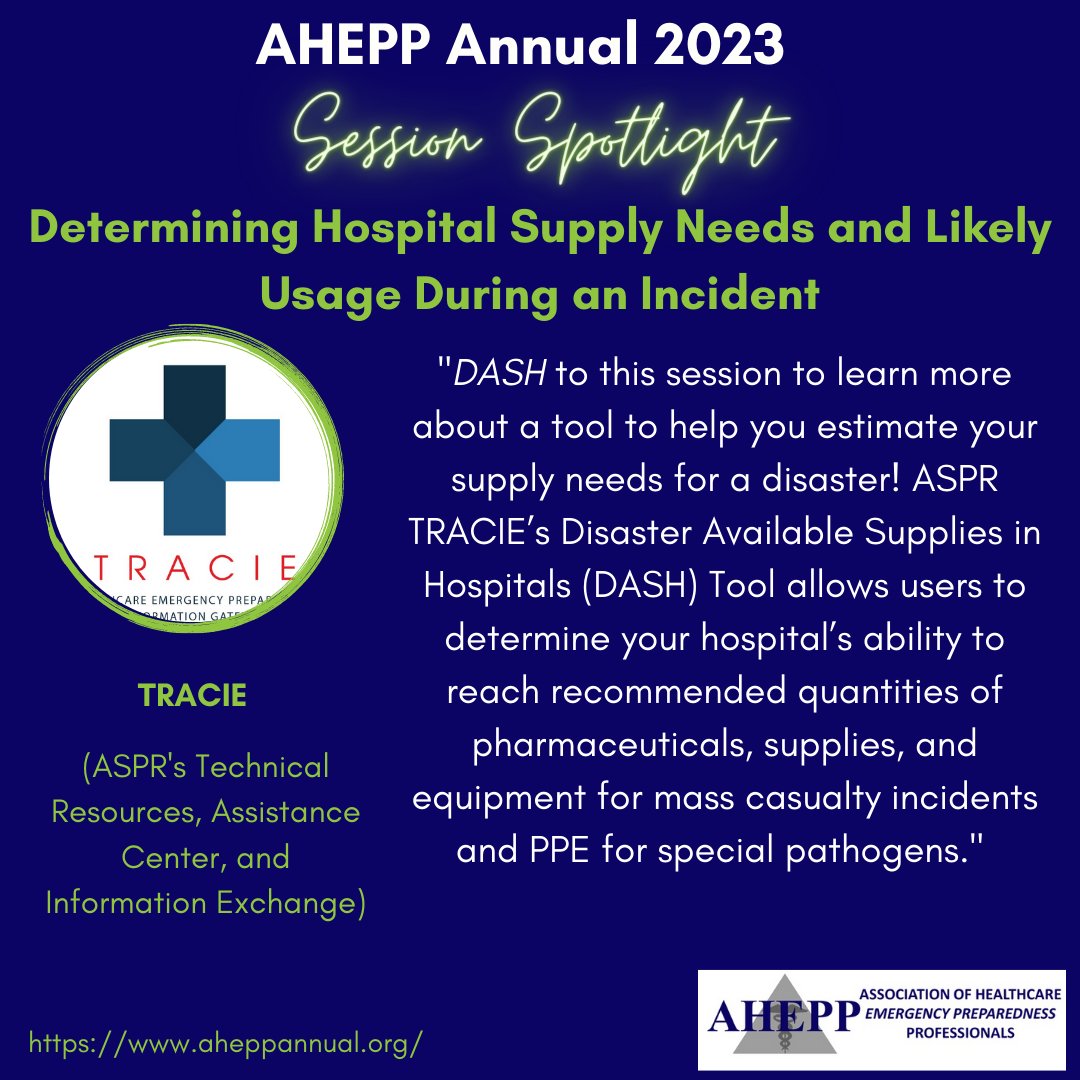 AHEPP1's tweet photo. During this session at #AHEPP2023, speakers will demonstrate the DASH Tool and discuss how it can be used by hospital planners and #Healthcare Coalitions in their supply chain planning and preparedness efforts. #MovingPreparednessForward #preparedness #education https://t.co/Wlzv8SRJOC