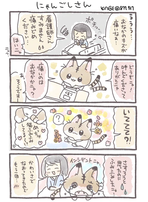 「ナースコール押してくれたら、すぐかけつけますニャ!」
「元気いっぱいにゃんご(看護)しますニャ!」

…猫の日なのでにゃんごしさんを描きました🐈「にゃくざいし」とかみんな猫になって患者さんのために頑張る🐈
#猫の日 