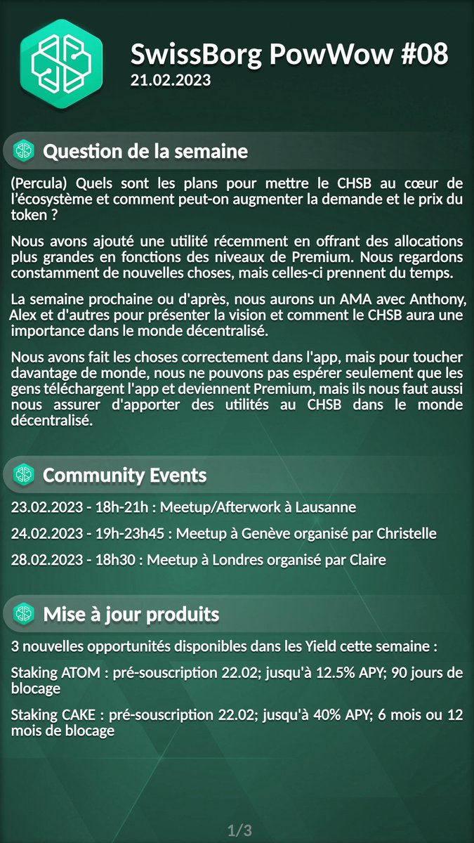 nicokonut's tweet photo. #SwissBorg PowWow #08 (🇫🇷 recap) - 21.02.2023
#WeAreSwissBorg $CHSB #CHSB $BTC $ETH #Yodl #NousSommesSwissBorg #Thematics #Launchpad #SeriesA
Shout-out à @LLiober 🤖💚🍀 https://t.co/x58Vw2jgbS
