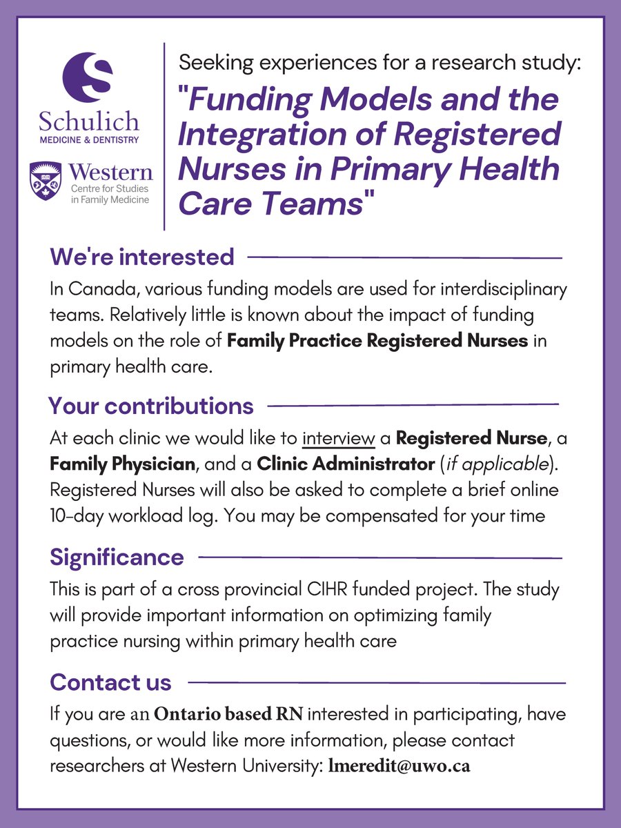 Are you an Ontario RN &amp; part of a primary healthcare team?  Researchers <a href="/WesternuFamMed/">Family Medicine</a>  are studying RN contributions in primary care settings. You may be compensated for your time. Contact lmeredit@uwo.ca  to learn more