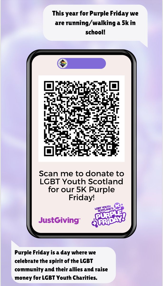 This Friday, to mark Purple Friday and show support to our LGBTQ+ young people across Scotland, we <a href="/drumchapelhigh/">Drumchapel High</a> will be wearing something purple with your uniform 💜 Plus, our 5K BGE competition will be taking place🏆 You can sponsor our young people below 👇🎯 #purplefriday
