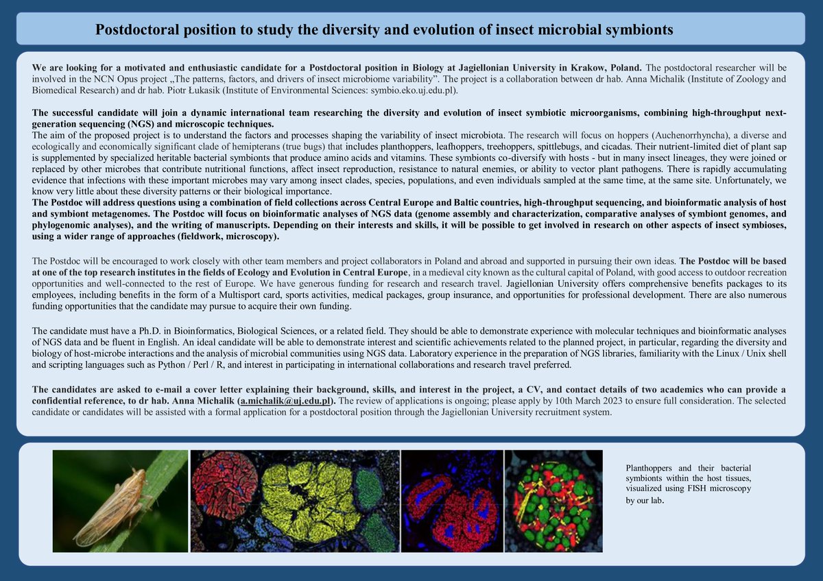 Postdoctoral position available at Jagiellonian University in Krakow, Poland!

We are looking for a Postdoc to study factors and processes shaping the variability of insect microbiota. Please RT  #insects #symbiosis