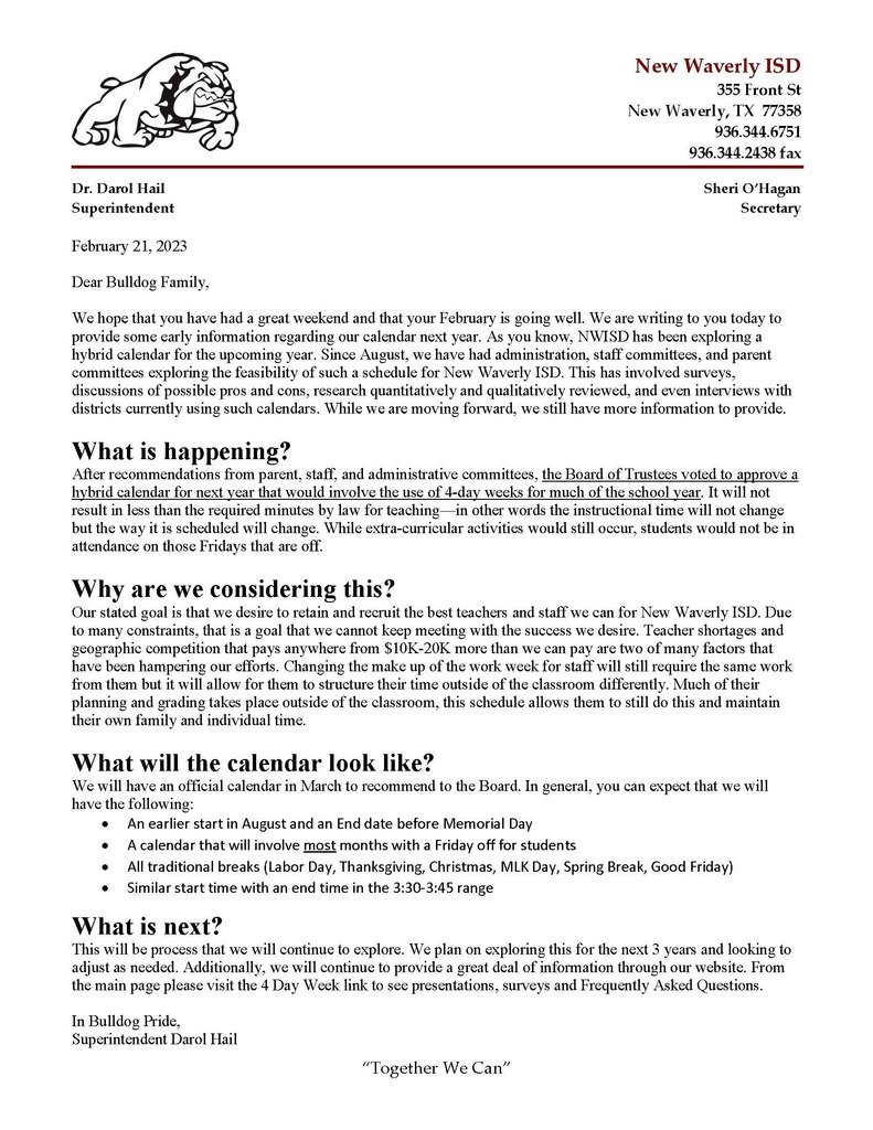 Please see our note in live feed or social media concerning the Board of Trustees approving moving forward with a hybrid calendar for next school year. We will have a final calendar in March.