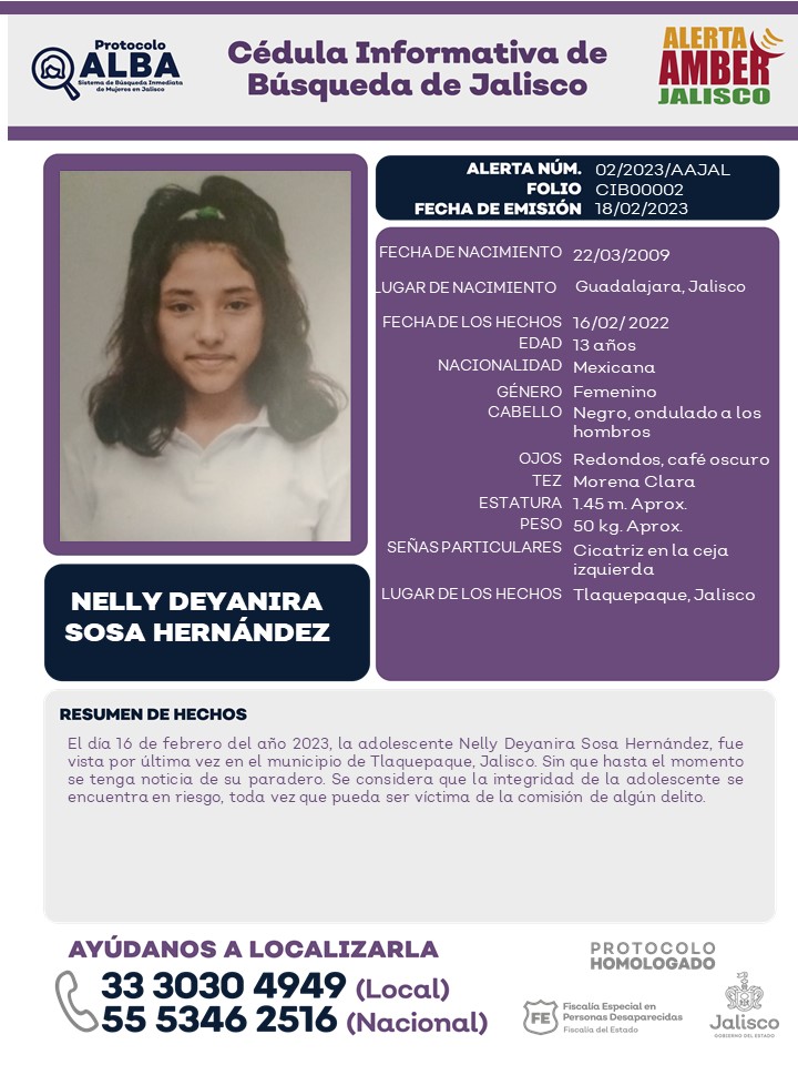 Ayudemos a la adolescente Nelly Deyanira Sosa Hernández de 13 años de edad a qué regrese lo más pronto posible y con bien al lado de sus seres amados.
Favor de dar RT o ❤️.
#NellyDeyaniraSosaHernandez
#Jalisco
#Tlaquepaque
#AlertaAmber 
#Desaparecida
<a href="/botDesaparecidx/">BotDesaparecidx</a>