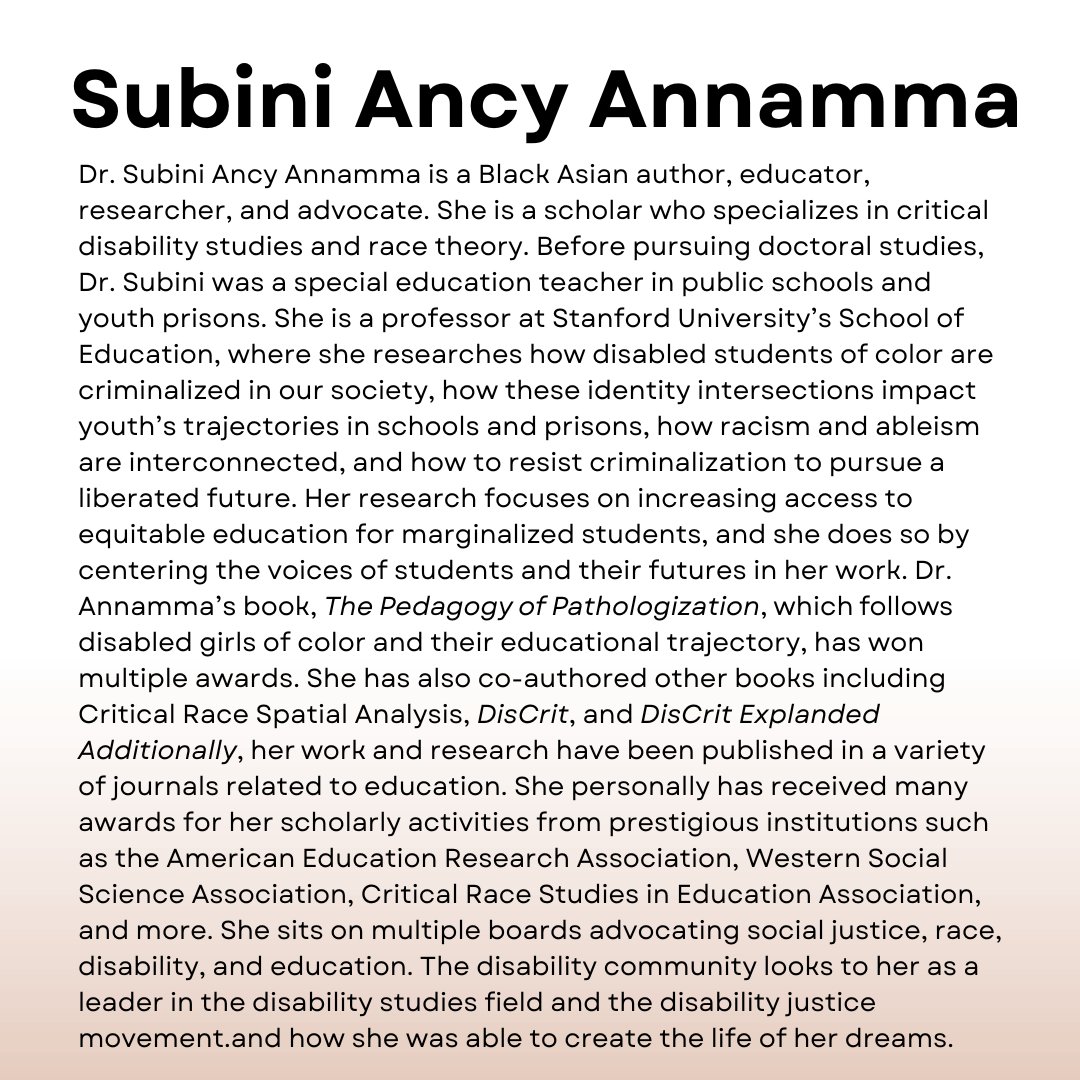 DisabilityRtsFL's tweet image. Black Disability Leaders You Should Know About: Dr. Subini Ancy Annamma

Read Dr. Subini’s bio on our website: bit.ly/3HOL2ck 

@DrSubini #DisInHEChat #DisInHigherEd #DisCrit #AcademicChatter #DisabledInSTEM #DisabilityTwitter #DisabilityStudies