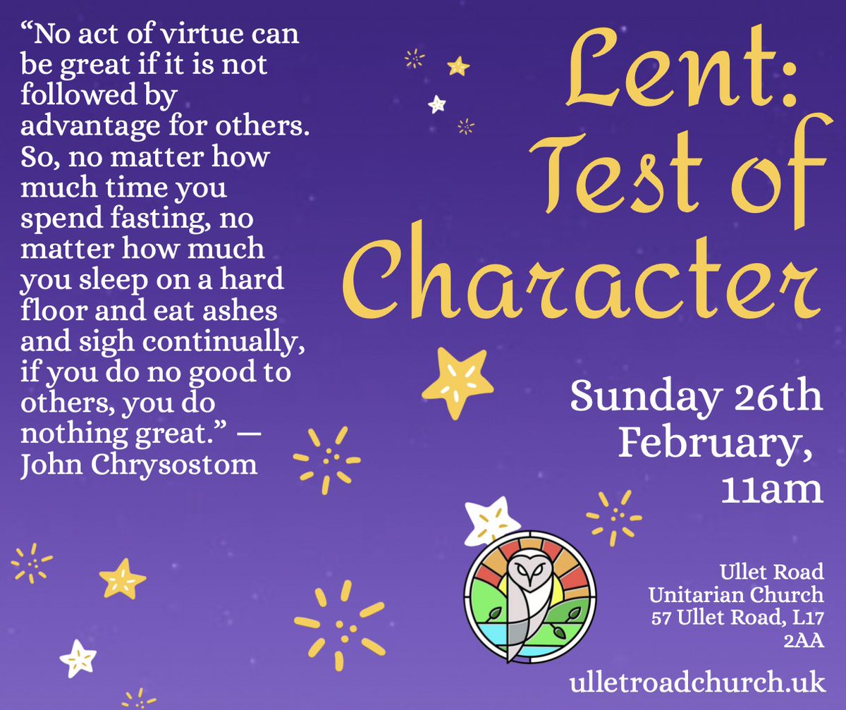 This Thursday and Sunday, with <a href="/wirralunitarian/">@wirralunitarians</a> <a href="/SPortUnitarians/">SouthportUnitarians</a> and <a href="/UlletRoadChurch/">Ullet Road Church</a> 🌟✨🌟

#SundayService #Lent2023 #wirral #whatsonwirral #Virtue #southport #whatsonsouthport #Liverpool #whatsonliverpool #thursdayservice