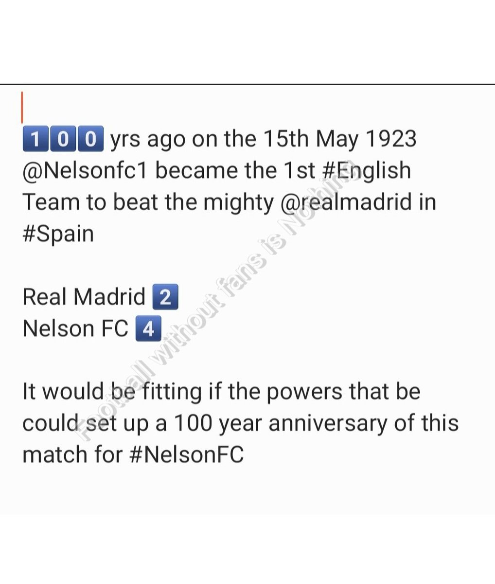 AllanSaintMini's tweet photo. #RMDNEL
As #RealMadrid are in
🏴 tonight
👇
1️⃣0️⃣0️⃣ yrs ago on the 15th May 1923
👇👇👇
#NWCFL @nwcfl
@Nelsonfc1 @NonLeagueCrowd
#CPFC #THFC #NUFC #PL #MCFC #MUFC #LFC #EFC #NFFC #FFC #BHAF #AVFC #LCFC #LUFC #WHUFC #WolvesFC #SaintsFC #CFC #AFCB
#NonLeague #LIVRMD
#OTD #Eng https://t.co/FROsN0xyZq