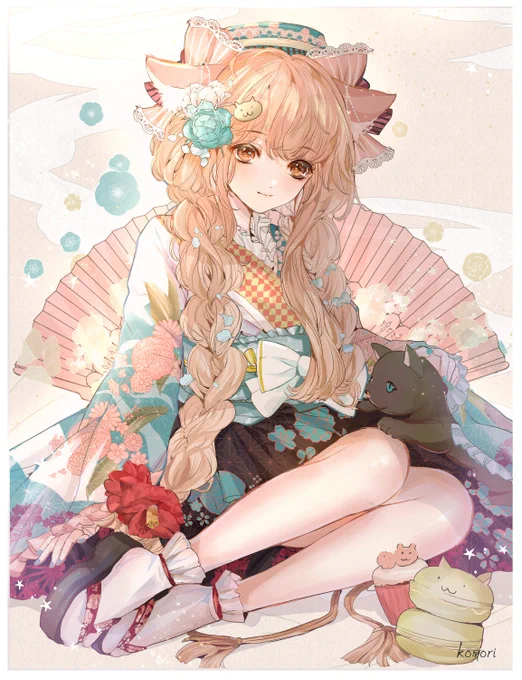 #猫の日 #猫の日イラスト 猫耳×着物な和ドレス少女 