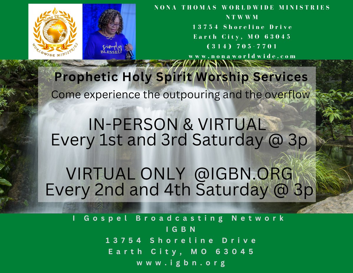 thecbconnection's tweet photo. Come and worship with us! Every Saturday @ 3pm. In-person on 1st and 3rd Saturdays at I Gospel Broadcasting Network in Earth City, Missouri. See you there!!!!! #prophetessnonathomas #nonaworldwide #igospelbn #praise #worship #ToGodBeAllTheGlory #Thisistheday #Blessings https://t.co/J8D9rgQVhy