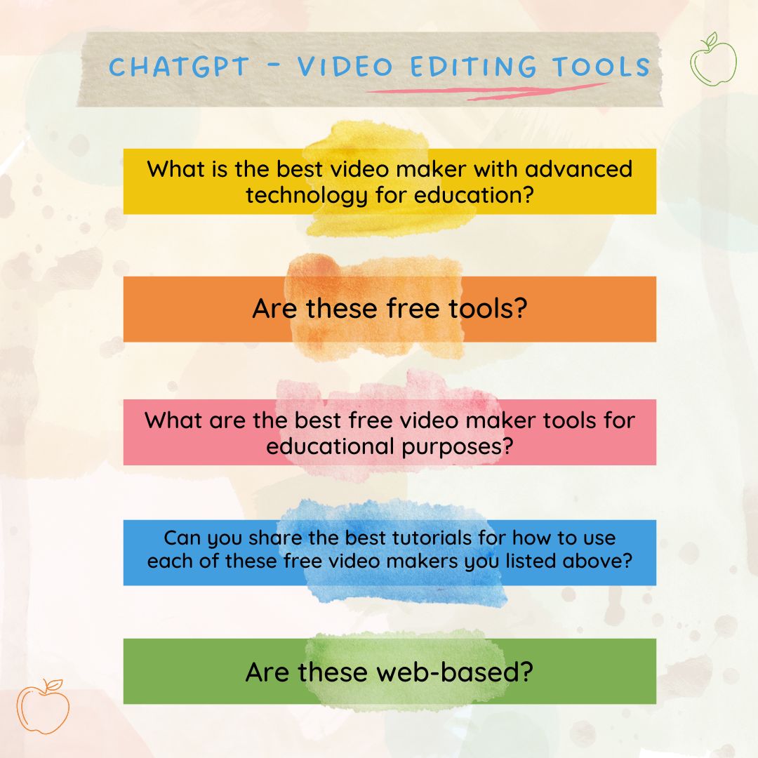 Try these input prompts to start to explore how ChatGPT works to research video editing tools for education! 🍎 Comment &amp; let me know if you try these prompts out and discover or remember a fresh idea for the classroom! 

#openai #chatgpt #education #teachersoftwitter