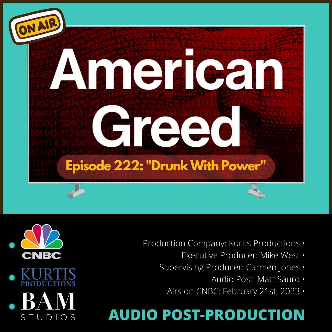bamstudios's tweet photo. BAM handled audio post-production for tonight's episode of American Greed, "Drunk With Power," on CNBC.
#soundmix #soundmixing #audiopost #audiopostproduction #sounddesign #produced #instudio #protools #avid #bamsessions #bamprojects #studiod #serioussound (cont.) https://t.co/RvDfqjrg5i
