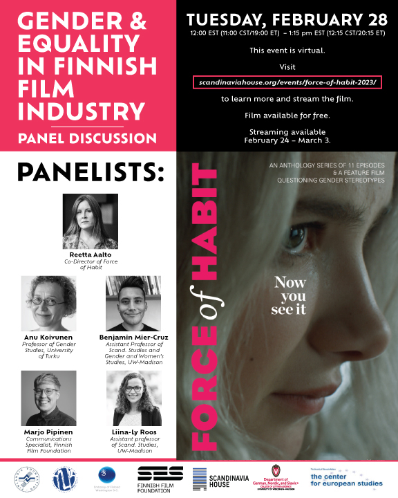 UWMadGNS's tweet photo. Please join us Tuesday, February 28 at 11 am for a virtual panel discussion: Gender and Equality in Finnish Film Industry. To register for the event and stream "Force of Habit", visit https://t.co/cqibezlC5O https://t.co/iewpietaFf