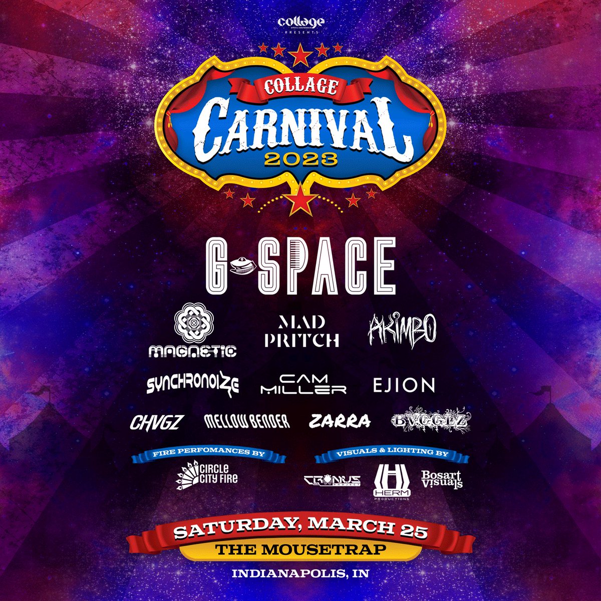 CAEpresents's tweet photo. On March 25, we celebrate 9 years of our annual Collage Carnival 🎪🎪 with the highly energetic @gspacebass headlining the night along with Indy’s most stellar support ✨✨
-2 STAGES 🔊
- LIVE ART 🎨
-RED, HOT FIRE PERFORMANCES
🎟: https://t.co/DFhDmBpxXO https://t.co/QHrttb8eYx