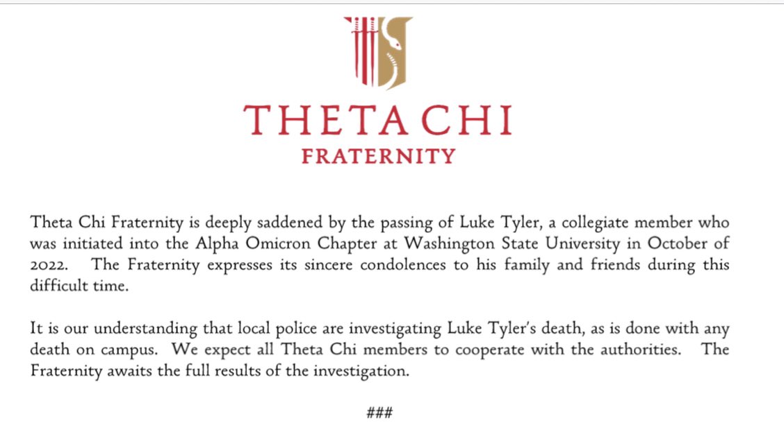KREMAmandaRoley's tweet photo. NEW: Theta Chi fraternity at WSU released the following statement regarding Luke Tyler’s death. This also confirms Luke’s membership status in the fraternity. @KREM2 @WSUPullman @ThetaChiIHQ #LukeTyler https://t.co/LEmeMs7kEg