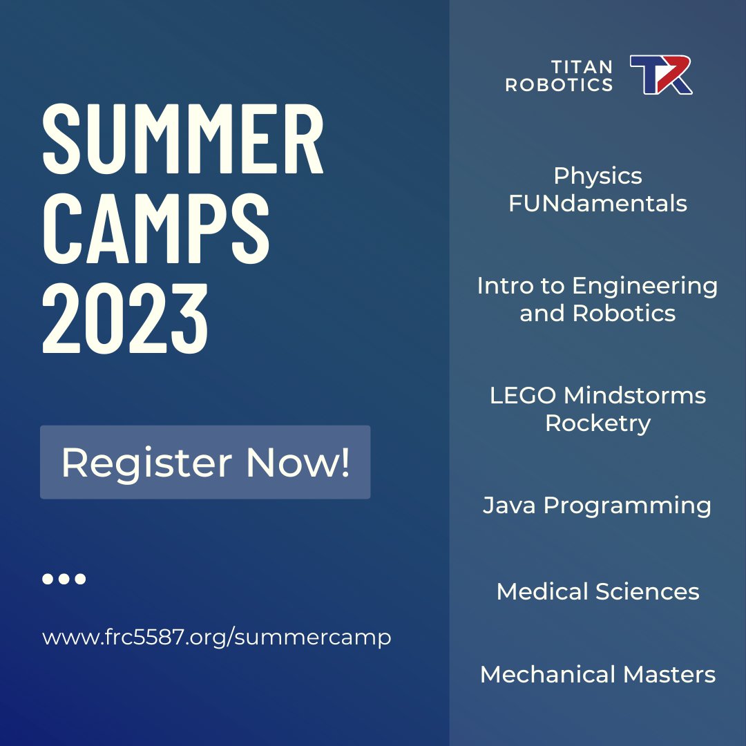 We're ecstatic to announce this year's summer camps! This year, we're excited to announce a new "Medical Sciences" with <a href="/AIM_AHEAD/">AIM AHEAD CONSORTIUM</a>! Registration is open, and for more information, please visit our website at frc5587.org/summercamp. #summercamp #titanrobotics #STEM #frc #Robotics
