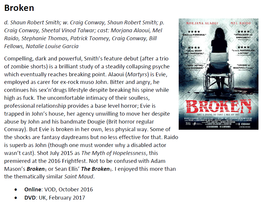 Broken from @SRSmith1978 & @thecraigconway has a similar premise to Saint Maud but predates that other film, and for my money is better. One of 414 British horror films, released 2016-19, in my book Killer Clowns & Demonic Dolls. Only available from mjsimpson.bigcartel.com