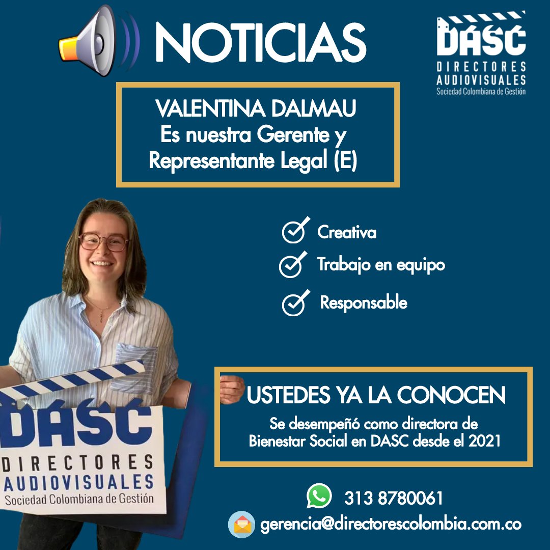 DirectoresDASC's tweet image. Socios y Socias de DASC Tenemos noticias ☎️ damos la bienvenida a Valentina Dalmau a partir de la fecha es nuestra Gerente y Representante Legal (E) 

Ya era parte de la familia de DASC, se vinculó con nosotros desde el año 2021 en el cargo de Directora de Bienestar Social ✍️
