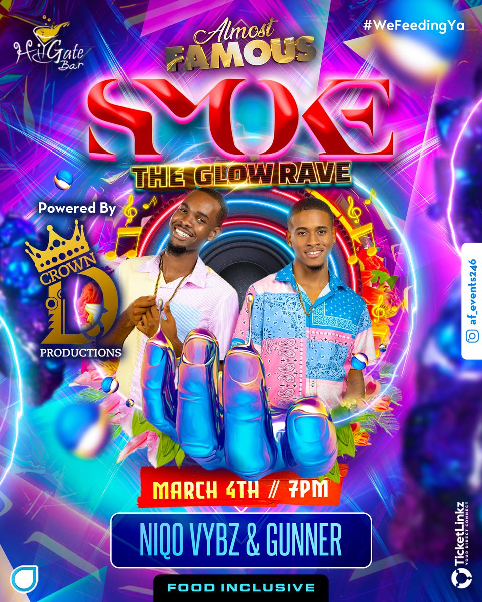 Introducing deejays Niqo Vybz &amp; Gunner 🎵 
to our entertainment package 
for "SMOKE" The Glow Rave 

Powered by @crowndproductions

#WeAlmostFamous #WeFeedingYa 
#AlmostFamous246 #WeGlowing