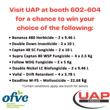 OntAg's tweet photo. Headed to the 2023 Ontario Fruit & Vegetable Convention?
Stop by booth 602-604 & enter to win a case of your preferred crop protection product from United Agri Products Canada.
Learn more about these products & the diverse range UAP offers.
#OfferingChoice #OFVC23 @ofvc1 https://t.co/2XijAcuC2a