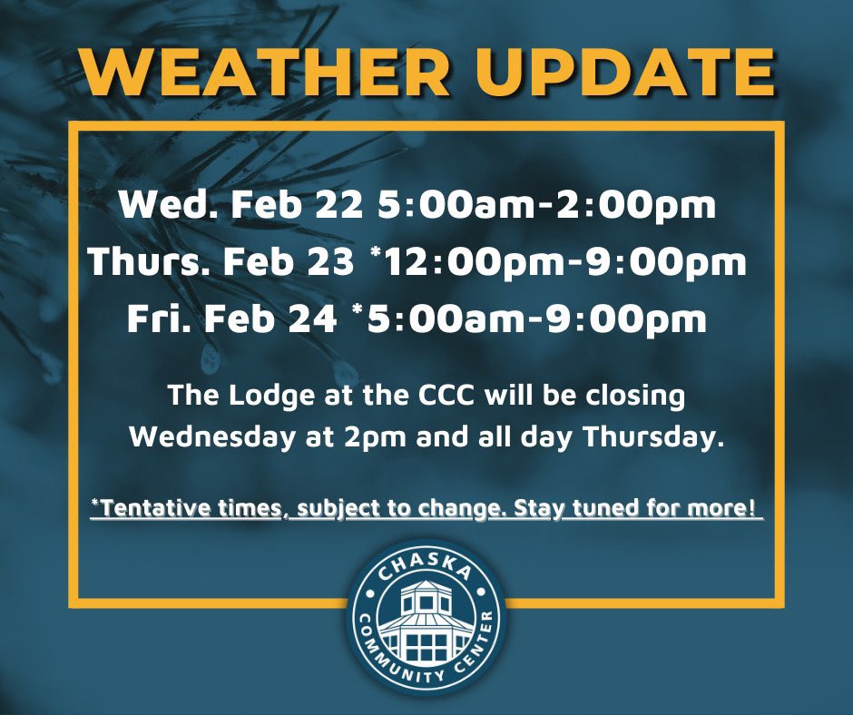City of Chaska on Twitter "Chaska Community Center updated hours the next few days The