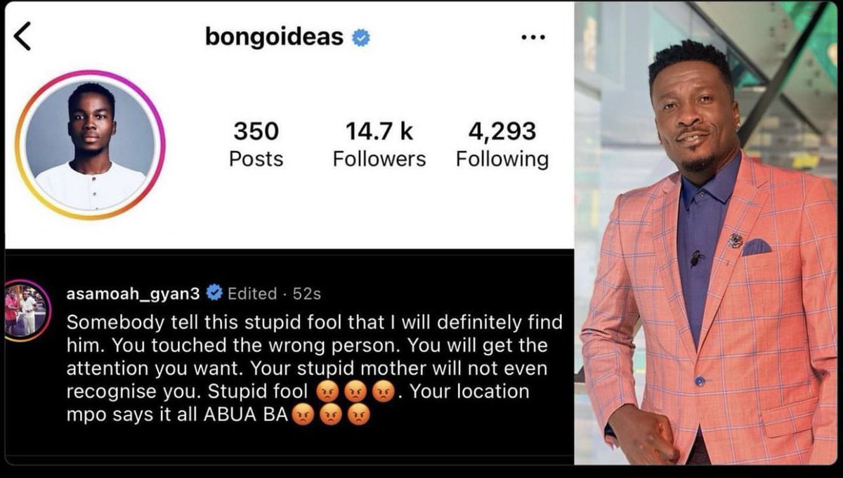 charllycolegh's tweet photo. This is a no no no for Asamoah Gyan. Regardless you shouldn’t involve his mom. He must apologize to Bongo asap. A public figure like you could stoop low with such words? You don’t mean it 😡 https://t.co/wsQBJ8mZuI