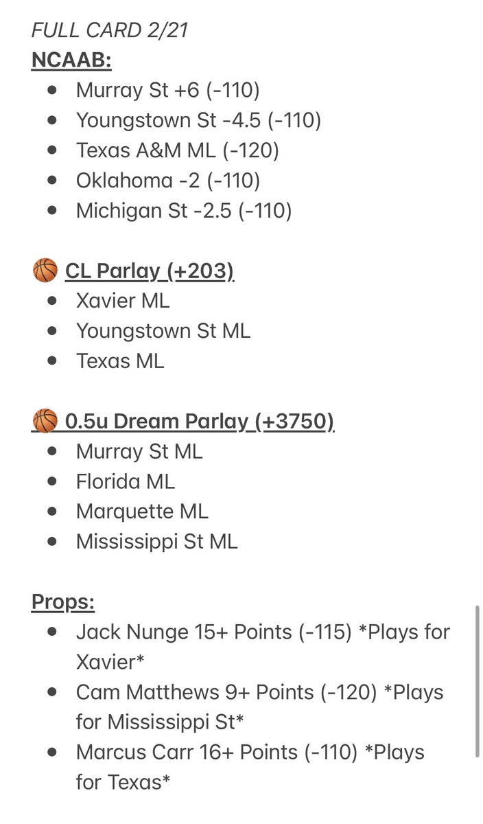 BTM_LOCKS's tweet photo. 🌟 FULL CARD 2/21 🌟
$100 free play going out to someone who likes this tweet if we go 75%+ 🎁
Drop a like if you’re tailing any ⤵️
#GamblingTwitter | #FullCard | #NCAAB https://t.co/852BviwdZT