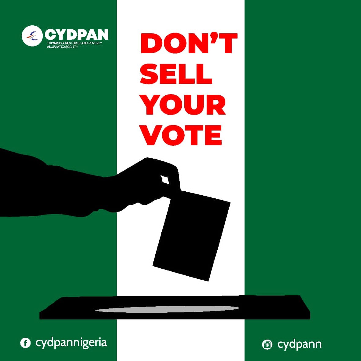 CYDPAN1's tweet photo. CYDPAN'S MESSAGE TO ALL VOTERS! 
Three days from today, we'll all queue up to elect new set of leaders for our dear country. 
As we go about electing new leaders for our country Nigeria, please do not sell your vote. https://t.co/dOfiMFh0x4