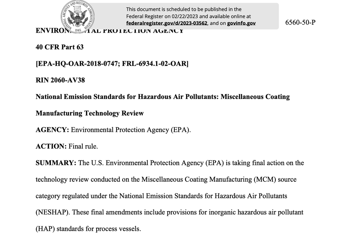 StateImpactCntr's tweet photo. .@EPA posts final rule on Miscellaneous Coating Manufacturing source category under the National Emission Standards for Hazardous Air Pollutants #NESHAP, addressing inorganic hazardous air pollutants. #StateImpactAlert.
https://t.co/1LVeH0OgwD https://t.co/2CVGOa3o49