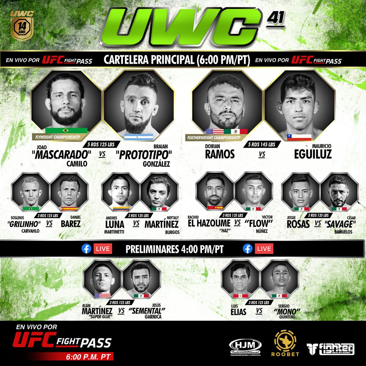 uwc_mexico's tweet photo. Cartelera UWC41 🚨
No te pierdas este 24 de febrero nuestro primer evento del año. 
2 peleas de campeonato y 6 peleas internacionales más !!
por @ufcfightpass 

#fightweek #UWC41 #mmamx #ufcfightpass https://t.co/eOuhDtQ2Y3
