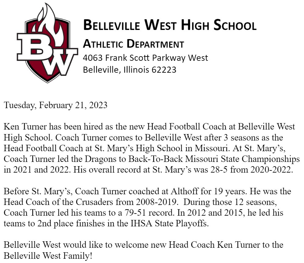 ‼️‼️NEW HIRE ALERT‼️‼️
Belleville West would like to welcome Ken Turner as the new Head Football Coach of the Maroons.  Coach Turner is coming off Back-to-Back Missouri State Championships at St. Mary's. Welcome to the Belleville West Family. <a href="/STLhssports/">STLhighschoolsports</a> <a href="/GSV_STL/">Gateway Sports Venue</a> <a href="/Ken_Turner_/">Ken Turner</a>