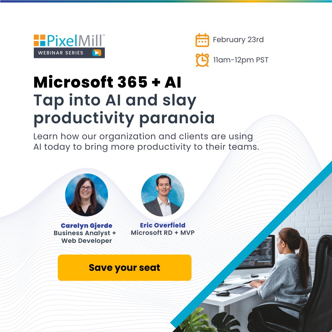 pixelmillteam's tweet photo. On the next #PixelMillWebinar:
-Discover what AI opportunities are at your fingertips with Microsoft 365
-We'll deliver AI-driven takeaways that will help you and your team increase productivity, bring visibility to employees' work, and more!

Register: https://t.co/qWOhTlIzQ4 https://t.co/MiWQsKoz70