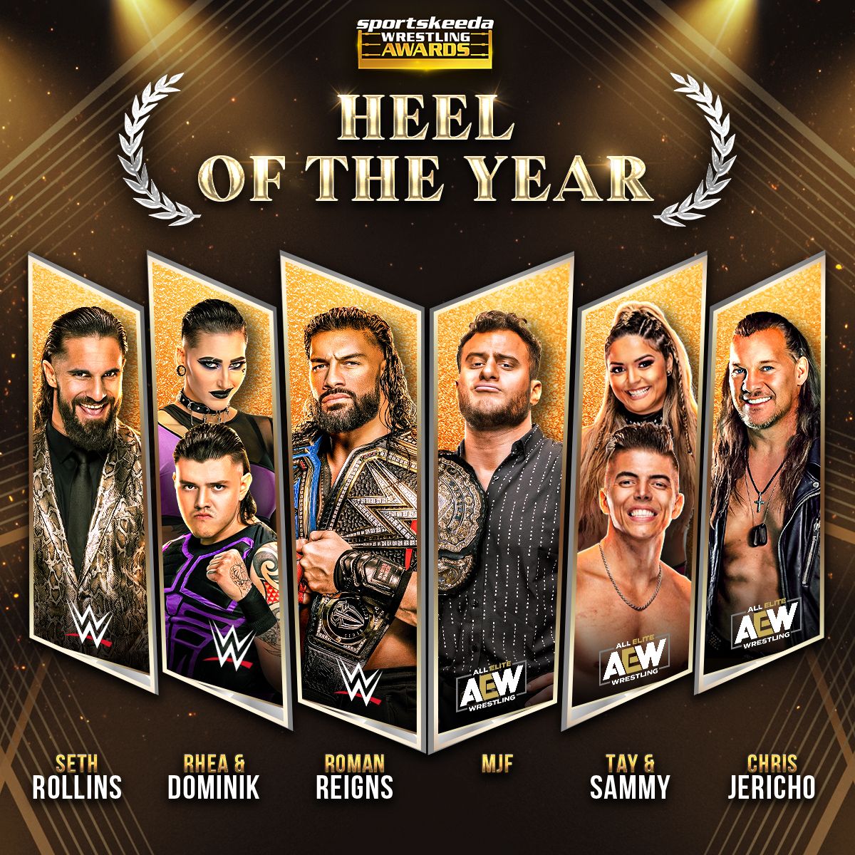 SKWrestling_'s tweet photo. Here are your nominations for #SKWrestlingAwards' Heel Of The Year! Vote for your favorite and stand a chance to win amazing prizes!

CAST YOUR VOTES NOW! ➡️ https://t.co/ahtgxJj8Pb
#AEW #WWE https://t.co/wRbxpJyiCE