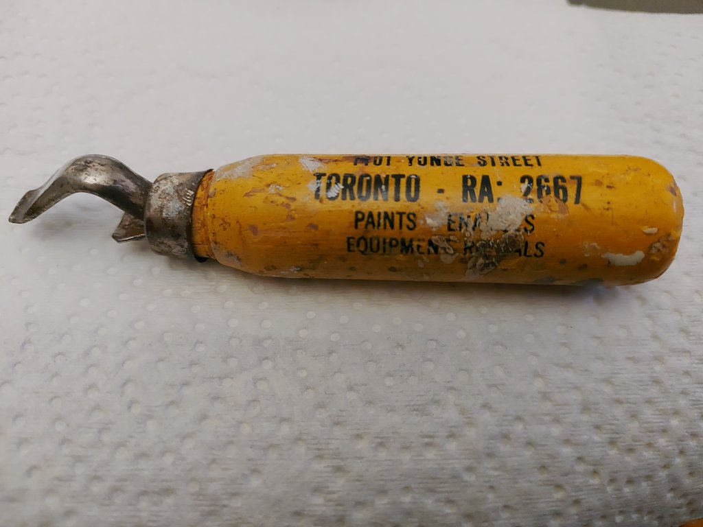 An old paint can opener from Apex Painters and Decorators in Toronto. Must be around 70 years old. I wonder what the RA signifies in that phone number. The letters typically were from a street name. #Toronto #historictoronto #oldtoronto